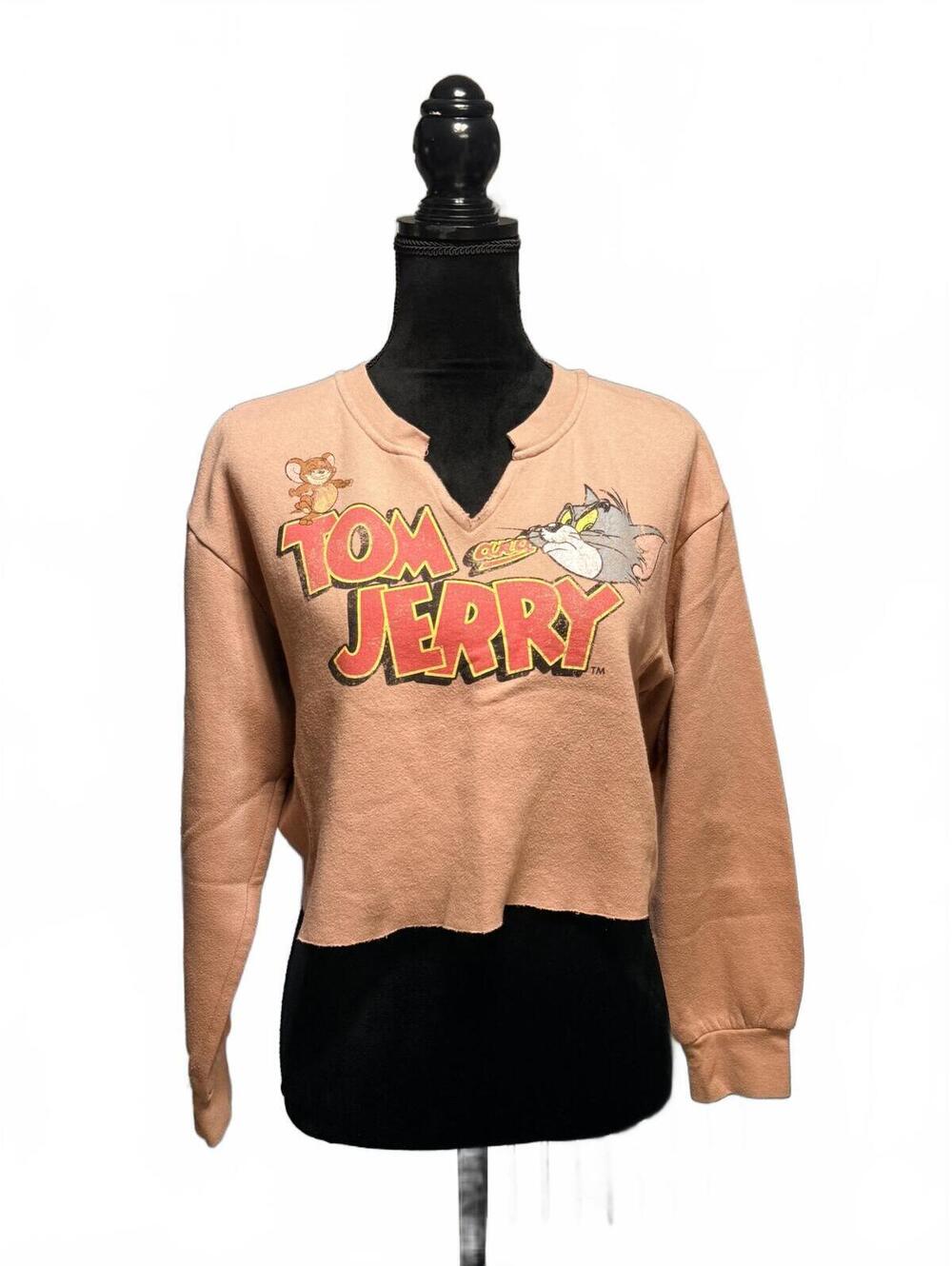 Vintage Tom and Jerry Cropped Sweatshirt Tan Graphic Pullover Retro Cartoon L